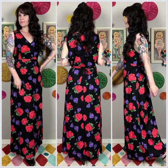 Vintage 1990s Black Floral Sleeveless Maxi Dress - Picture 3 of 8